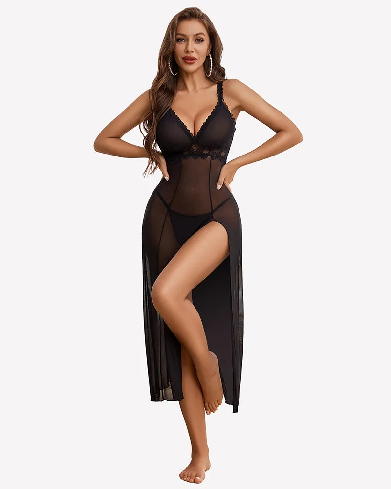 Split Mesh Lace Floral Dress with Thong Set sold by Avid Love product image thumbnail 4