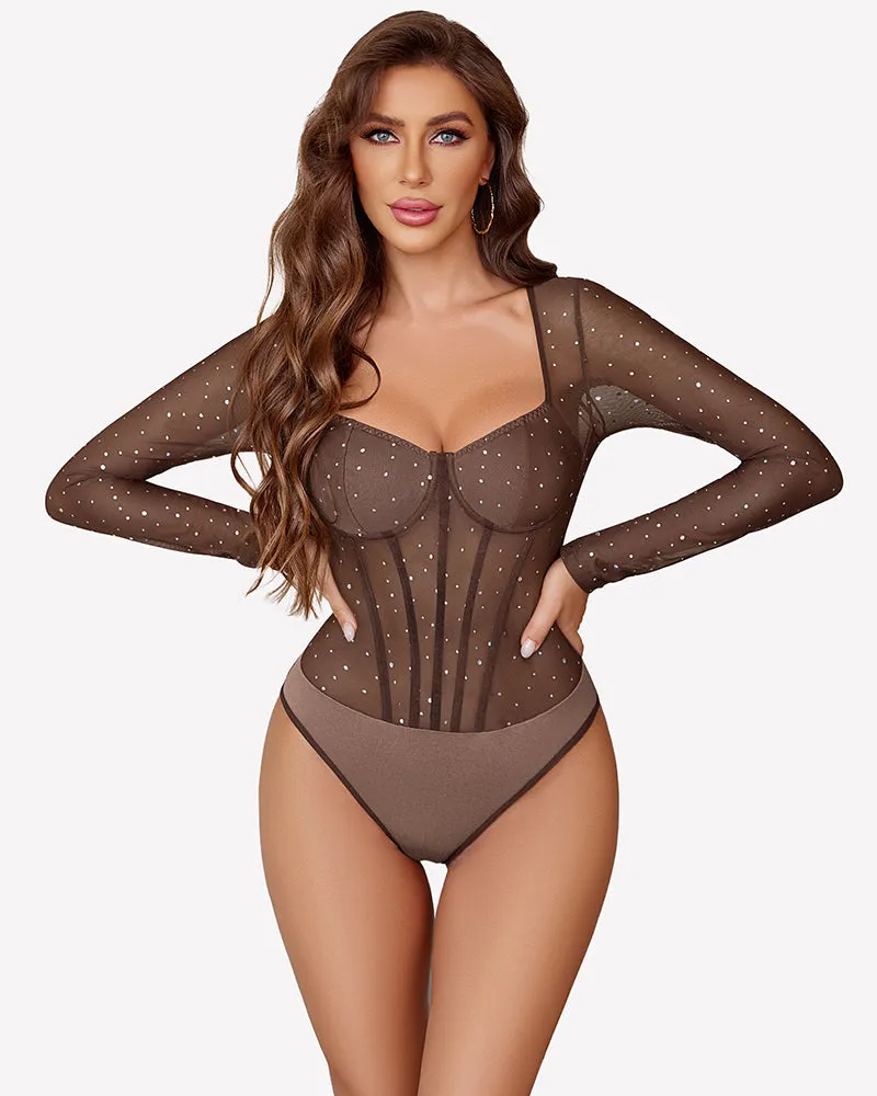 Long Sleeve Bodysuit Sparkle Mesh Top sold by Avid Love product image thumbnail 4