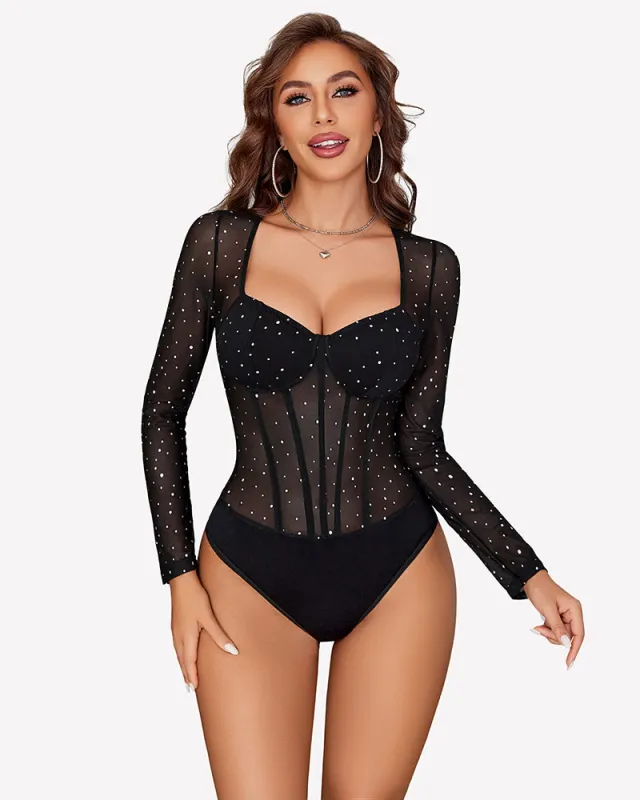 Long Sleeve Bodysuit Sparkle Mesh Top made by Avid Love