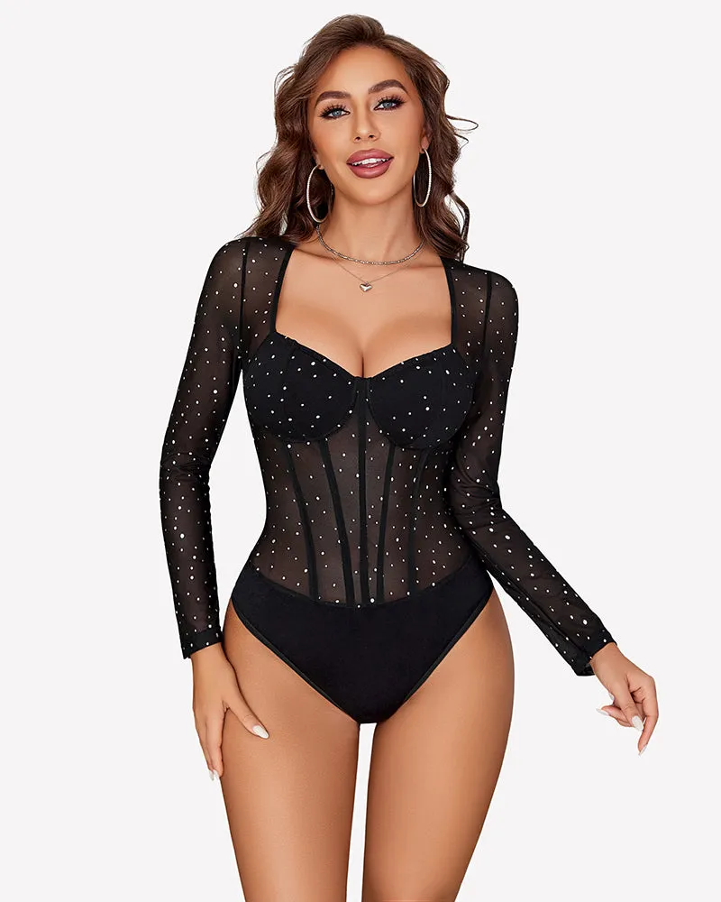Long Sleeve Bodysuit Sparkle Mesh Top sold by Avid Love