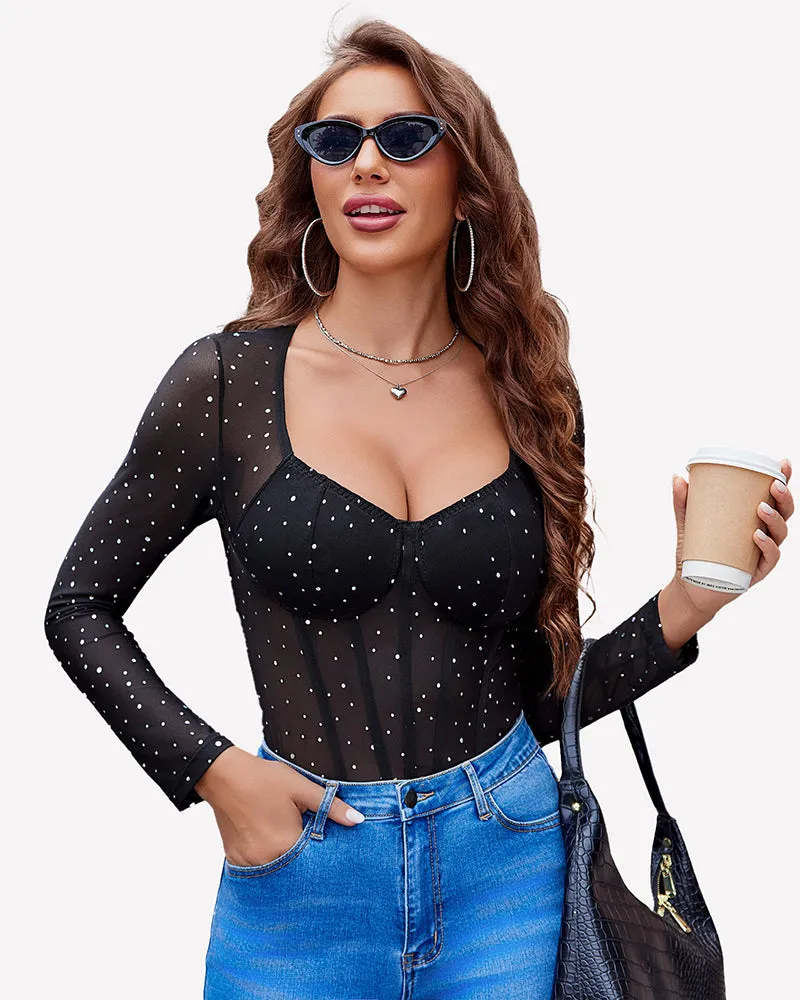Long Sleeve Bodysuit Sparkle Mesh Top sold by Avid Love product image thumbnail 2