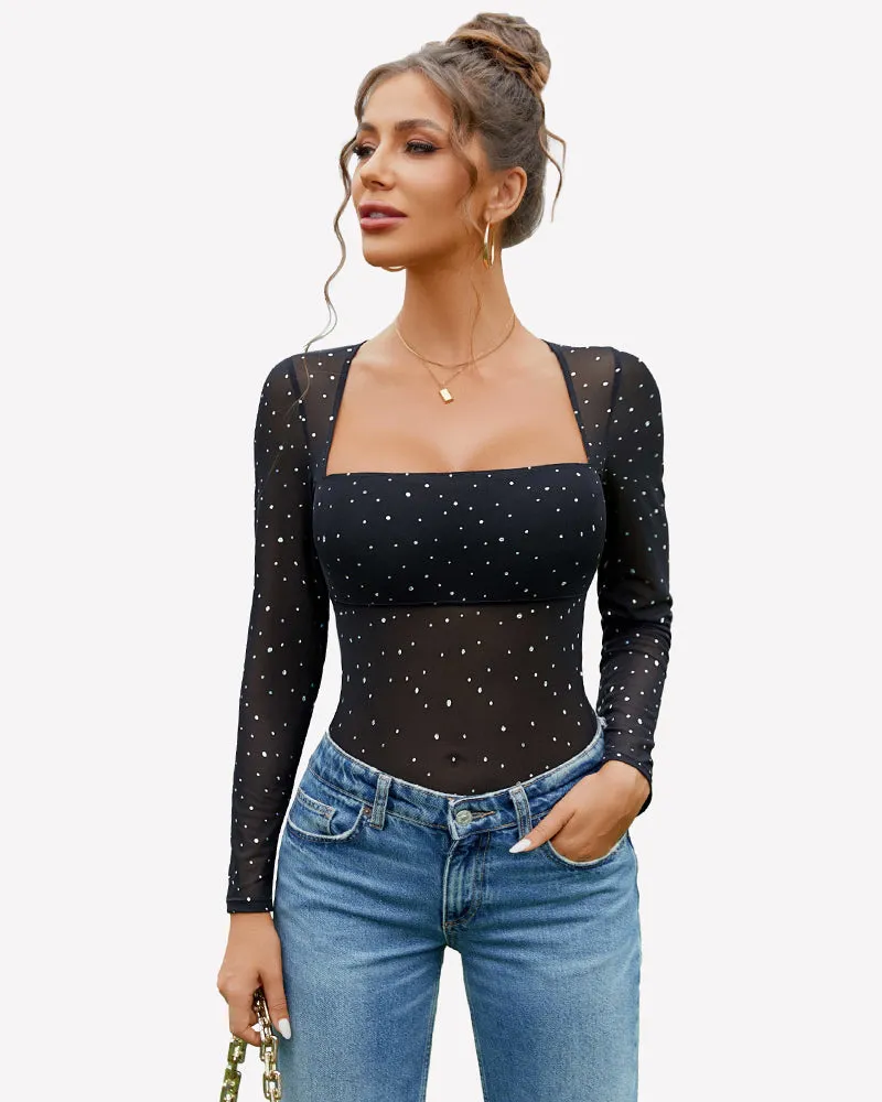 Long Sleeve Rhinestone Mesh Bodysuits sold by Avid Love product image thumbnail 2