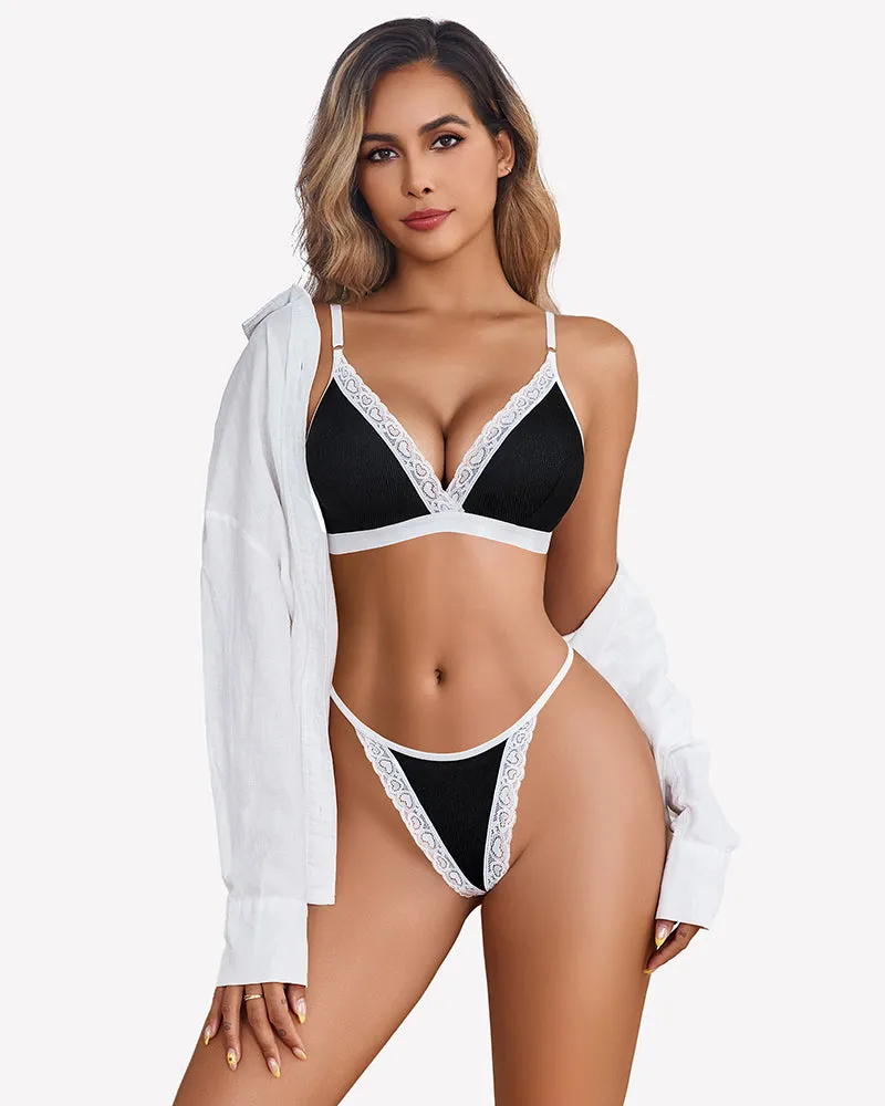 Ribbed Bra and Pany Set with Lace Trim sold by Avid Love