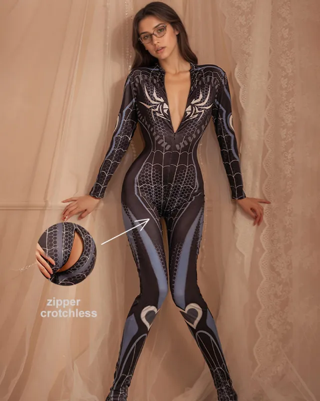 [88-165lb} Zipper Crotchless Spider Stocking Bodysuit sold by Avid Love