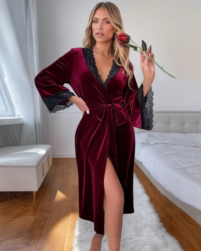 Velvet Belted Mid-Robe with Lace Trim sold by Avid Love