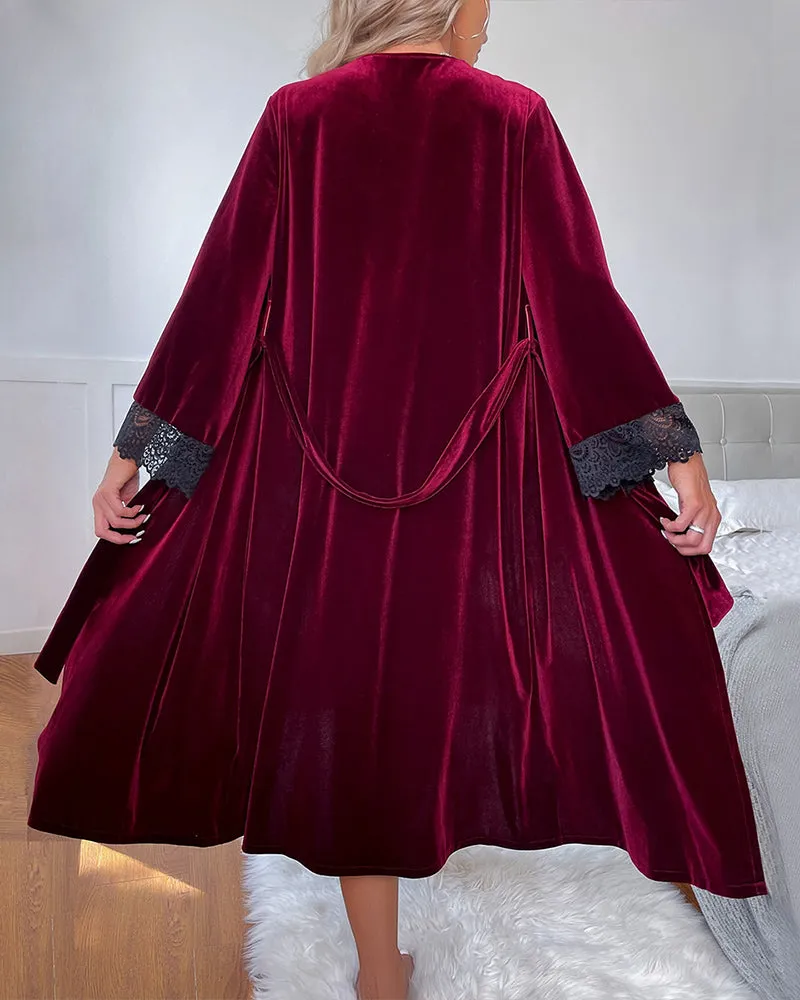 Velvet Belted Mid-Robe with Lace Trim sold by Avid Love product image thumbnail 3