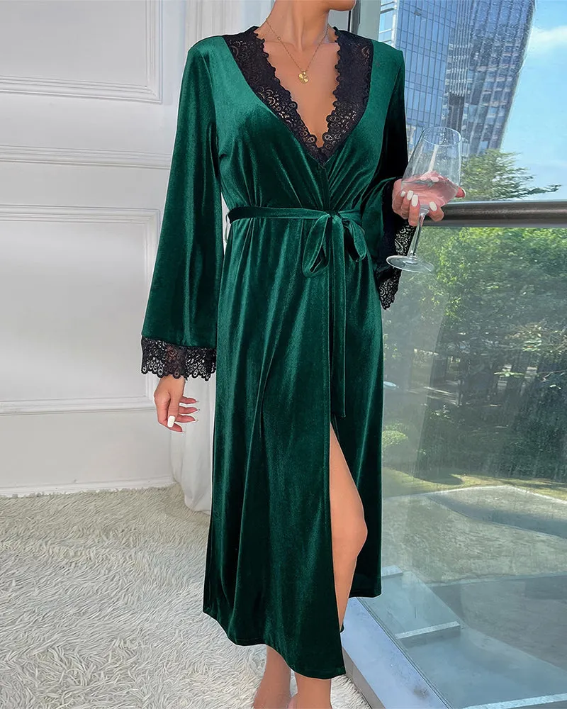 Velvet Belted Mid-Robe with Lace Trim sold by Avid Love product image thumbnail 5