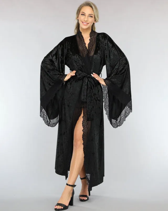 Velvet Belted Robe with Lace Trim made by Avid Love