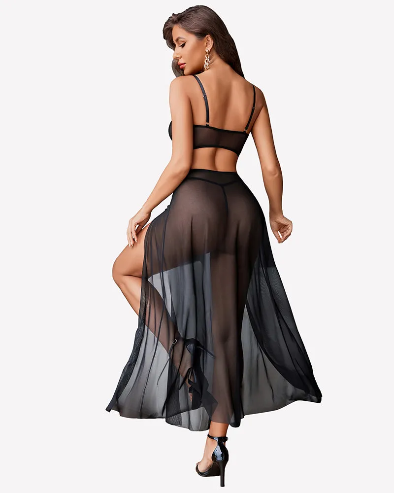3 Piece Set Mesh Side Split Nightgown sold by Avid Love product image thumbnail 2