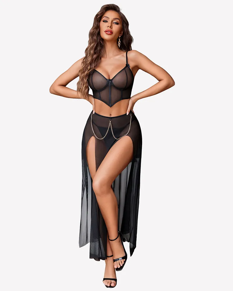 3 Piece Set Mesh Side Split Nightgown sold by Avid Love