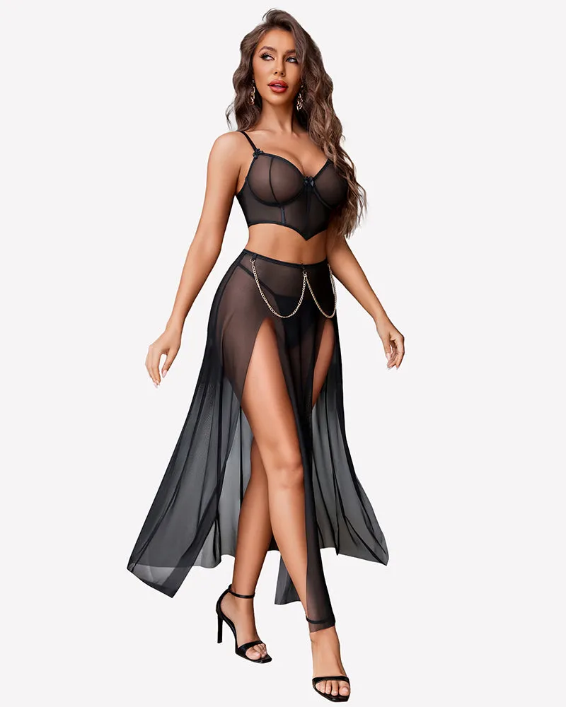 3 Piece Set Mesh Side Split Nightgown sold by Avid Love product image thumbnail 4