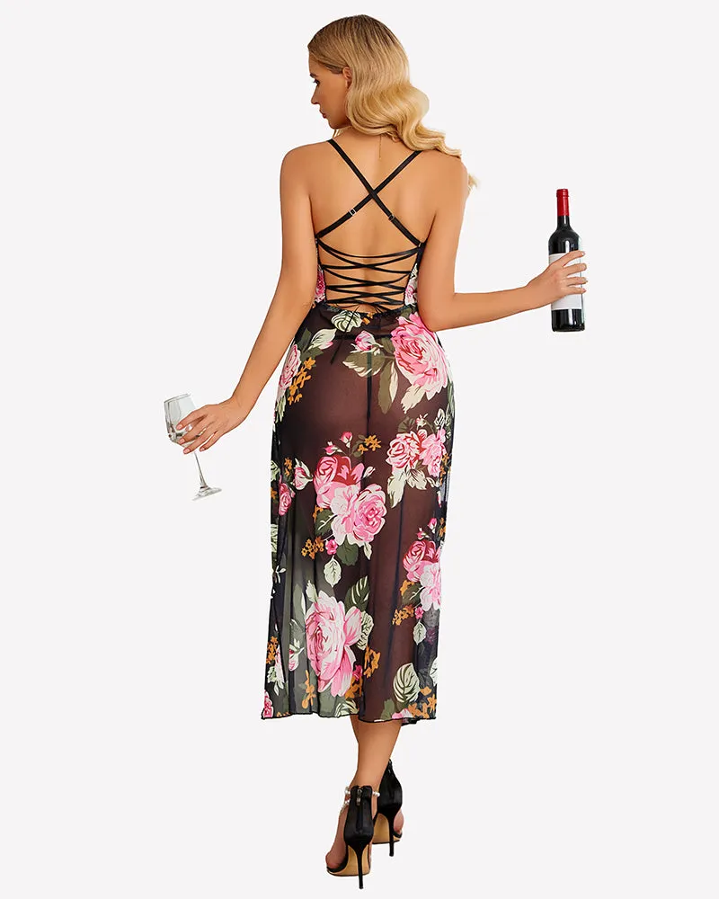 Floral Print Mesh Side Split Nightgown sold by Avid Love product image thumbnail 4