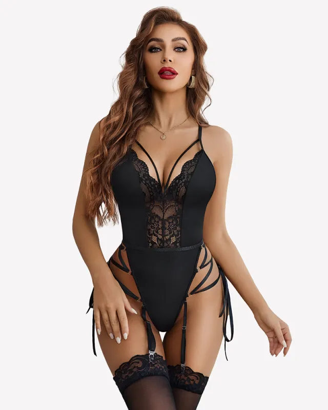 Lace Bodysuit Lingerie Sets with Garter Belts sold by Avid Love