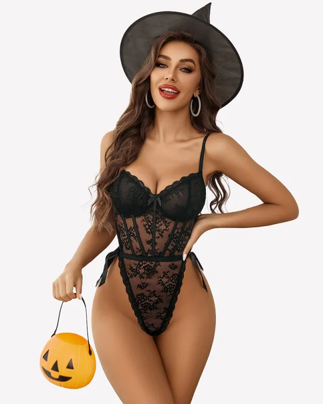 Deep V Lace Bodysuit Satiny Side Ties sold by Avid Love