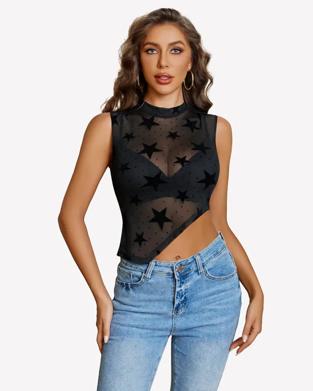 Sheer Mock Neck Tank Asymmetrical Top made by Avid Love