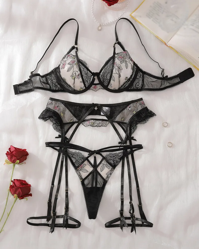 Lotus Embroidered Push-up Bra Garter Set sold by Avid Love product image thumbnail 4