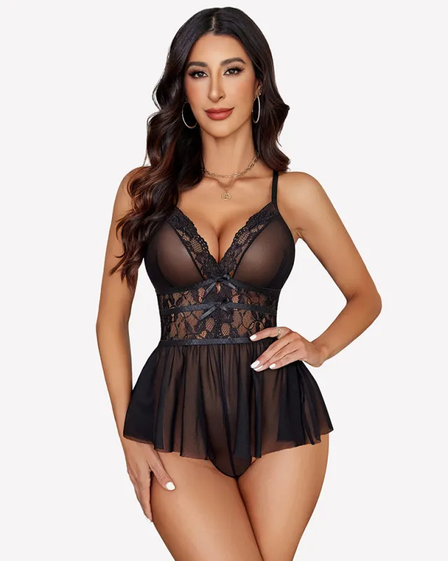 Lace Bodysuit V Neck Mesh Sleepwear sold by Avid Love