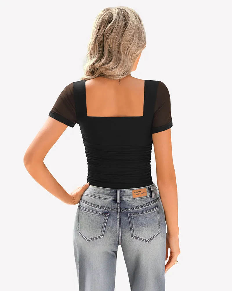 Sheer Mesh Short Sleeve Ruched Tops sold by Avid Love product image thumbnail 5