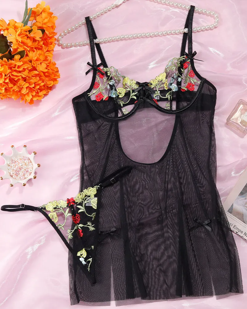 Flower Embroidered Gathered Transparent Nightdress sold by Avid Love product image thumbnail 5