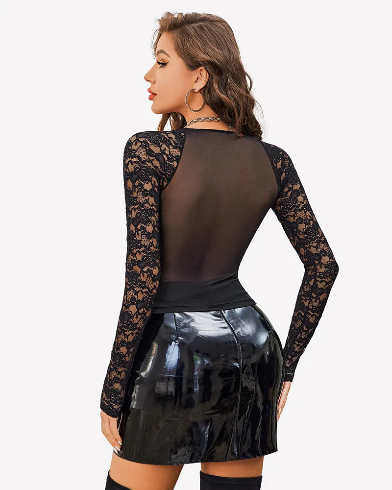 Lace Long Sleeve Mesh V Neck Tops sold by Avid Love product image thumbnail 2