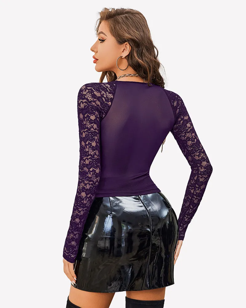 Lace Long Sleeve Mesh V Neck Tops sold by Avid Love product image thumbnail 4