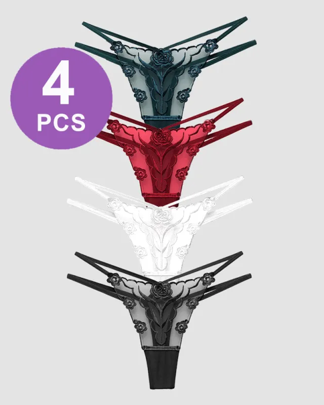 Rose Embroidery Thong Mesh Panties made by Avid Love