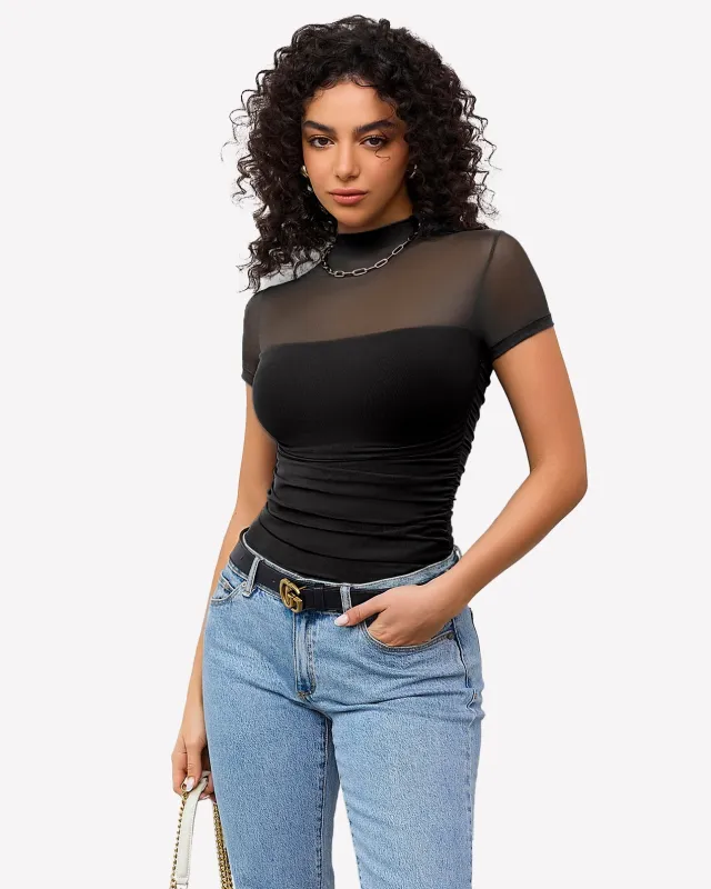 Short Sleeve Bodysuit Turtle Neck Mesh Tops made by Avid Love