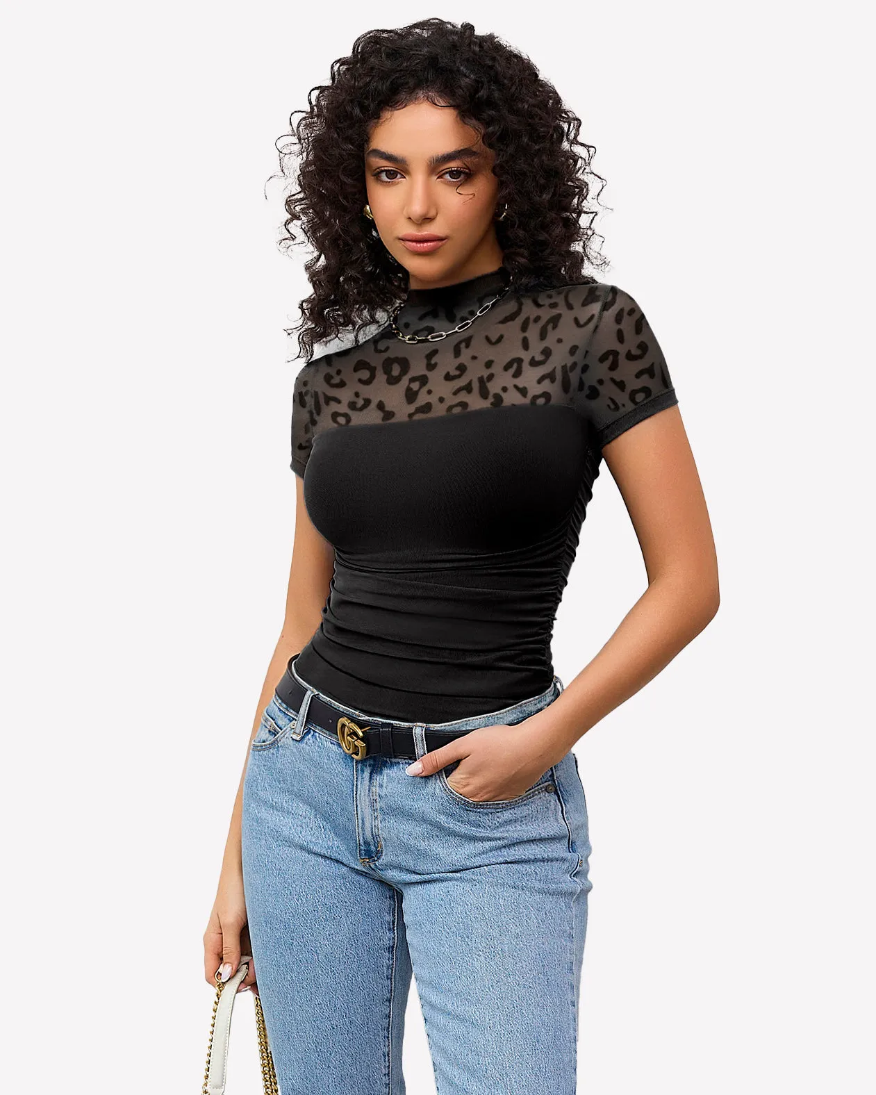 Short Sleeve Bodysuit Turtle Neck Mesh Tops sold by Avid Love product image thumbnail 3