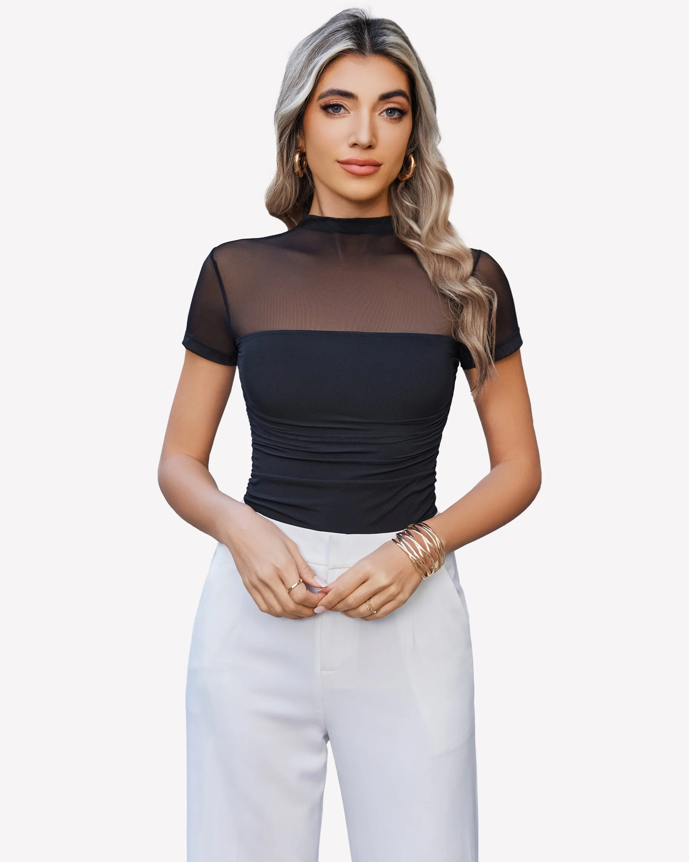 Short Sleeve Bodysuit Turtle Neck Mesh Tops sold by Avid Love product image thumbnail 2