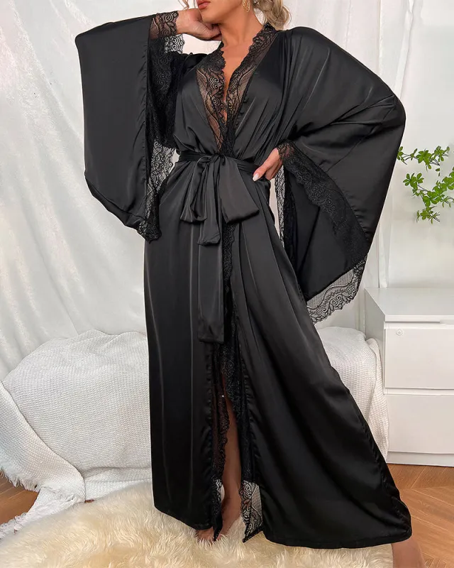 Satin Belted Robe with Contrast Lace Trim sold by Avid Love