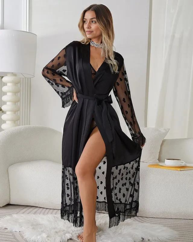 Sheer Heart Lace Satin Nightgown With Belt sold by Avid Love