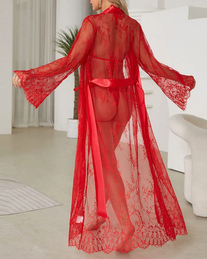 Sheer Lace Satin Robe Dress With Belt sold by Avid Love product image thumbnail 5