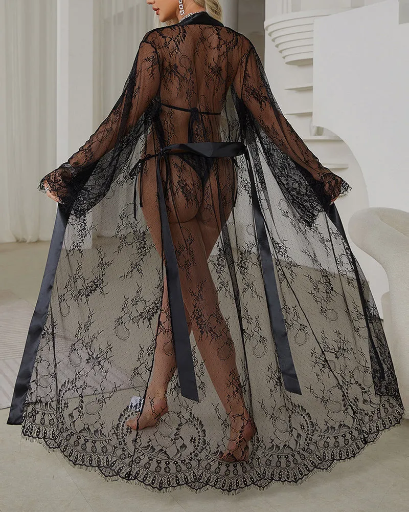 Sheer Lace Satin Robe Dress With Belt sold by Avid Love product image thumbnail 3