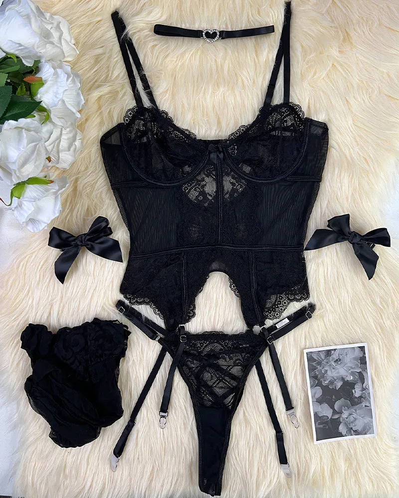 Floral Lace Corset Lingerie Set with Stockings sold by Avid Love product image thumbnail 4