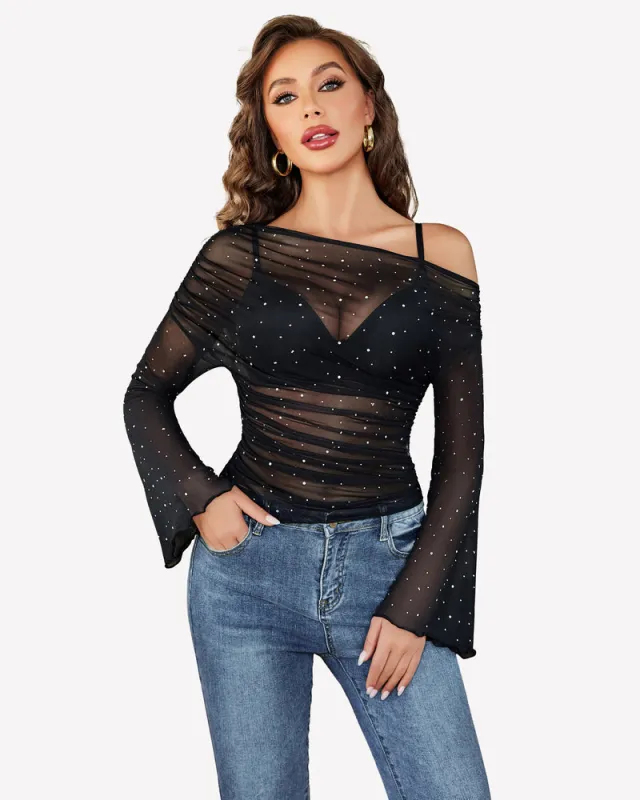 Mesh Top Long Sleeve Off The Shoulder Shirts made by Avid Love