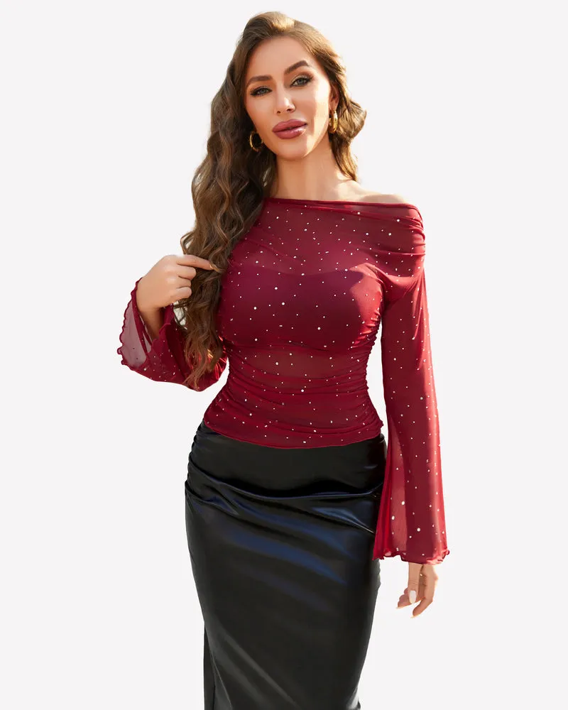 Mesh Top Long Sleeve Off The Shoulder Shirts sold by Avid Love product image thumbnail 3