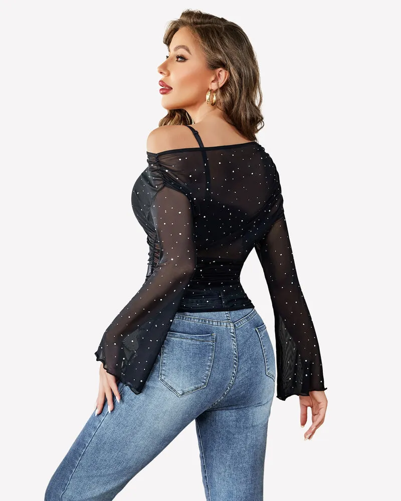 Mesh Top Long Sleeve Off The Shoulder Shirts sold by Avid Love product image thumbnail 2