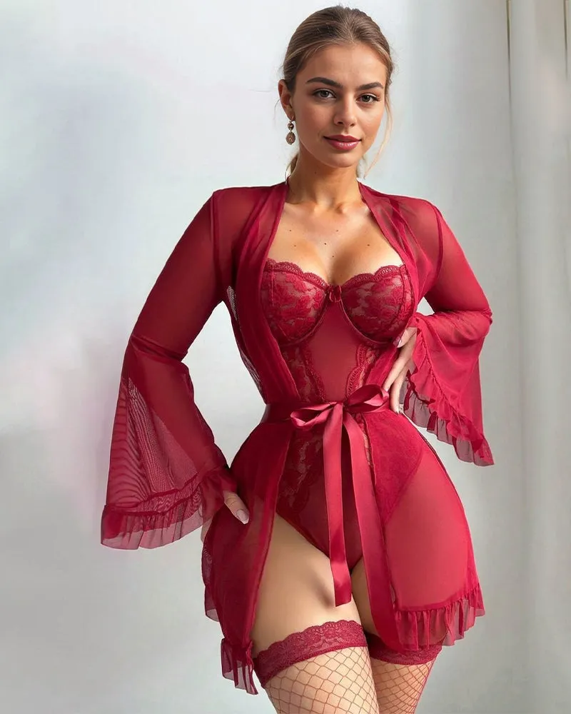 2 Piece Set Lace Kimono Robe with Teddy sold by Avid Love