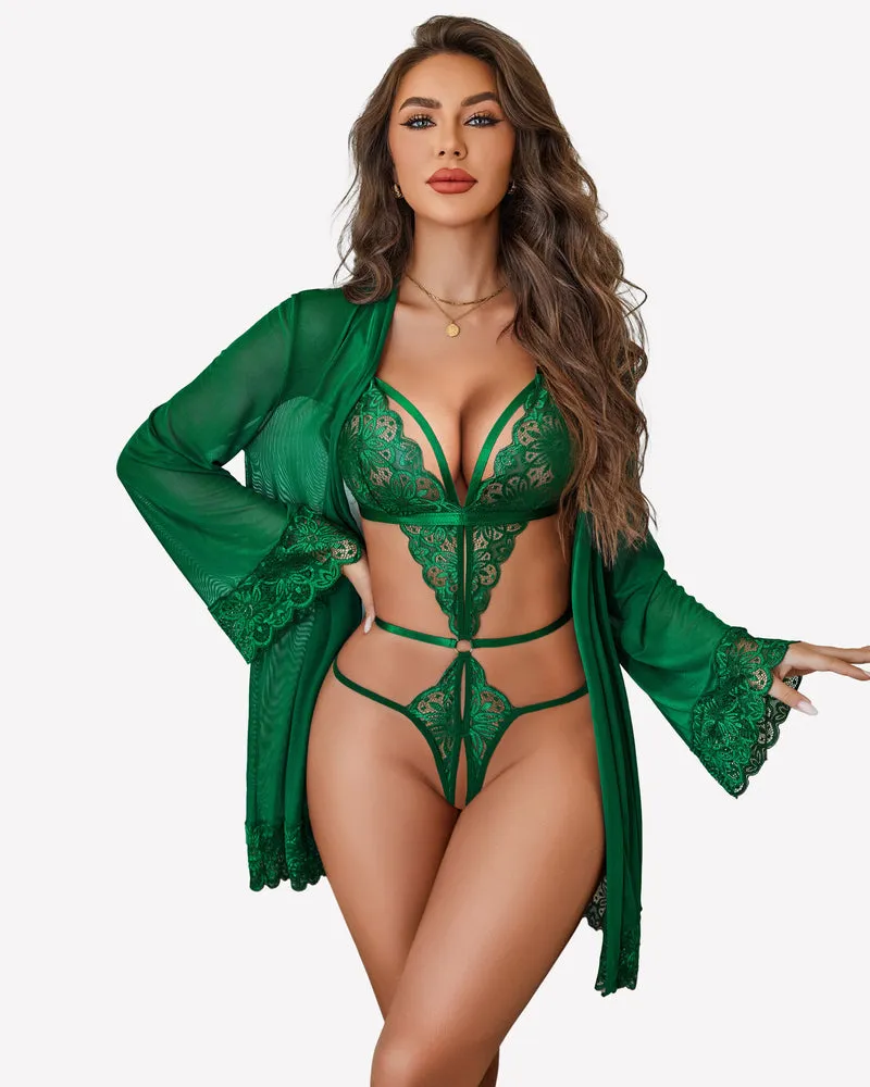 2 Piece Set Lace Teddy with Mesh Robe sold by Avid Love product image thumbnail 4