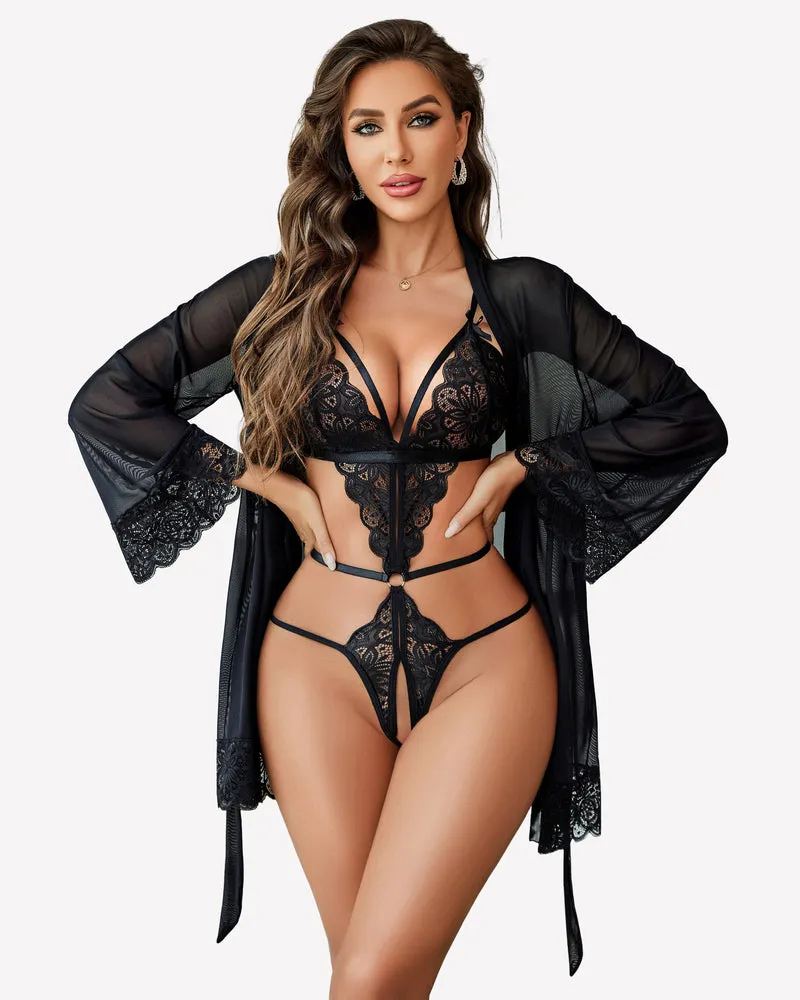 2 Piece Set Lace Teddy with Mesh Robe sold by Avid Love