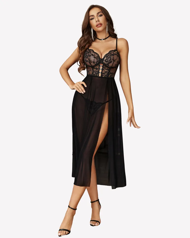 Lace Mesh Side Split Nightgown (DE Only) sold by Avid Love product image thumbnail 4