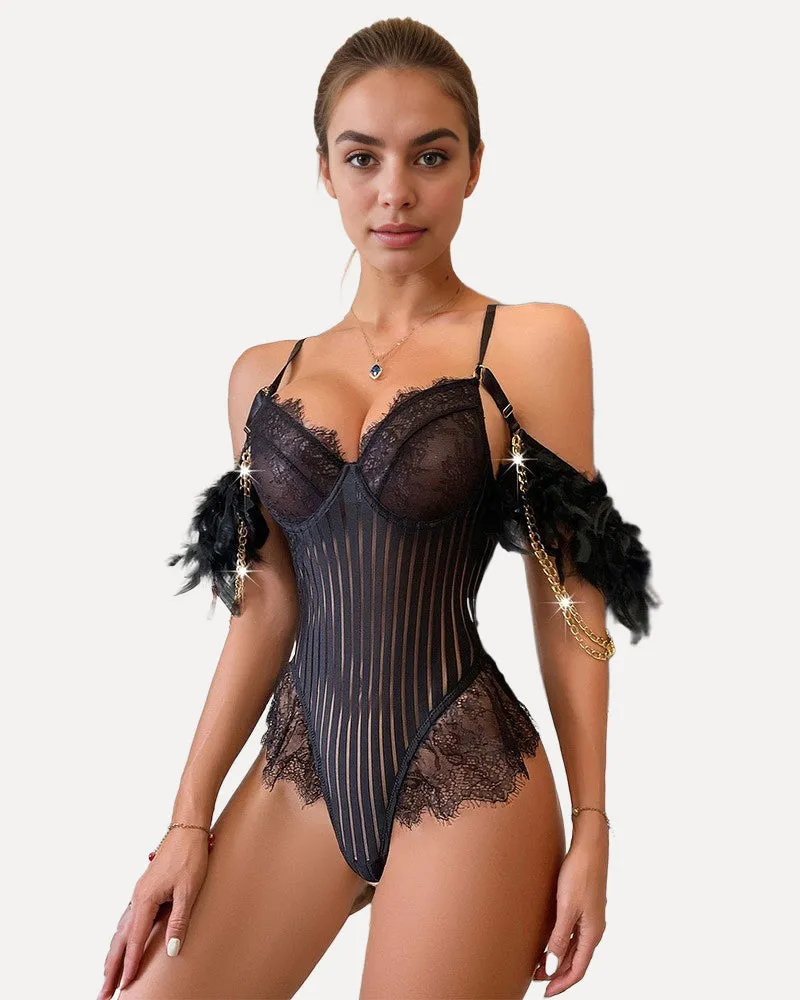 Chain Feather Eyelash Lace Bodysuit sold by Avid Love