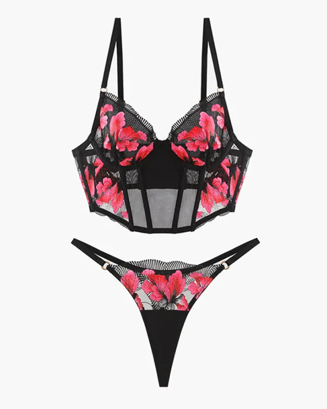Embroidered Corset Bra and Thong 2 Sets sold by Avid Love