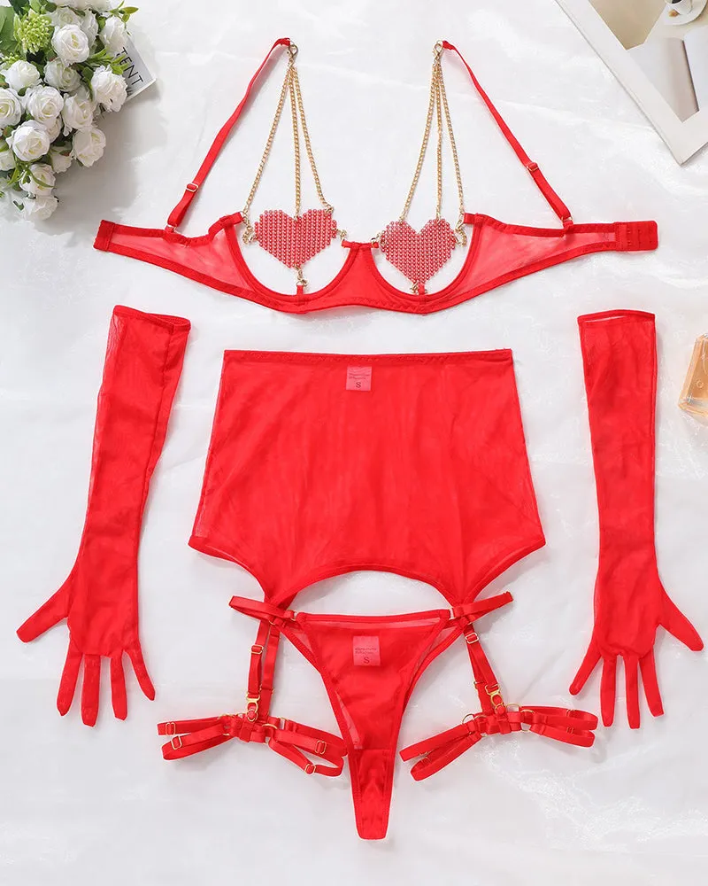 Love Heart Chain Mesh 5PCS Lingerie Set sold by Avid Love product image thumbnail 5