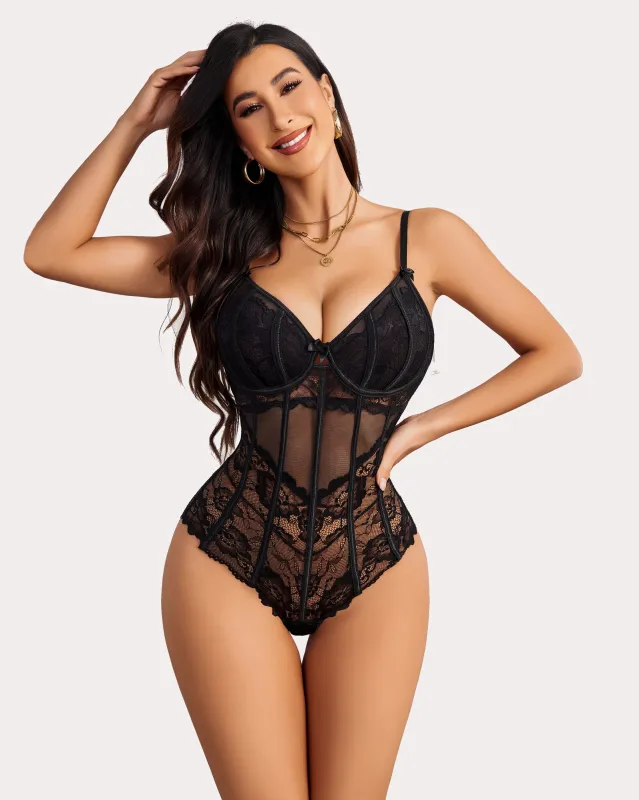 Lace One Piece Underwire V Neck Tops sold by Avid Love