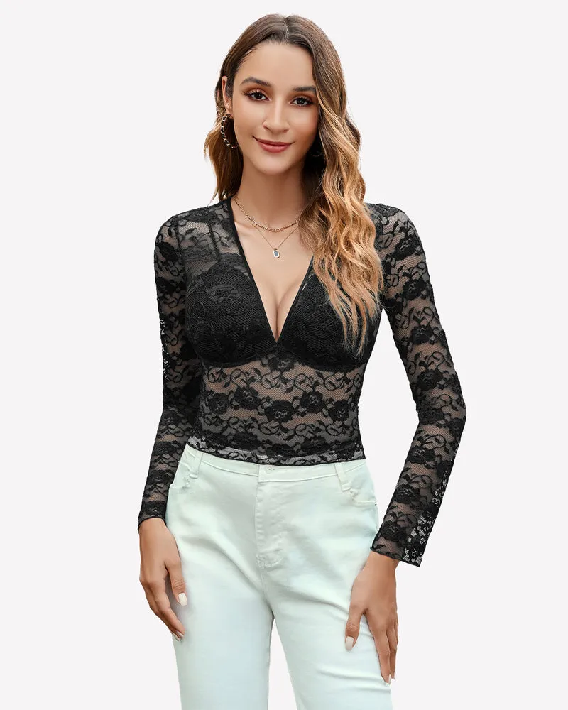 Mesh Long Sleeve Blouse Floral Lace Top sold by Avid Love product image thumbnail 3