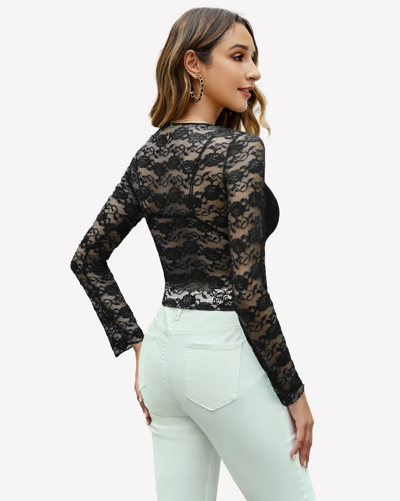 Mesh Long Sleeve Blouse Floral Lace Top sold by Avid Love product image thumbnail 2