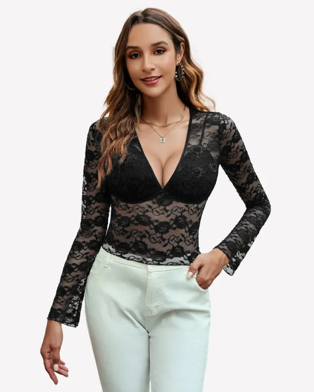 Mesh Long Sleeve Blouse Floral Lace Top sold by Avid Love