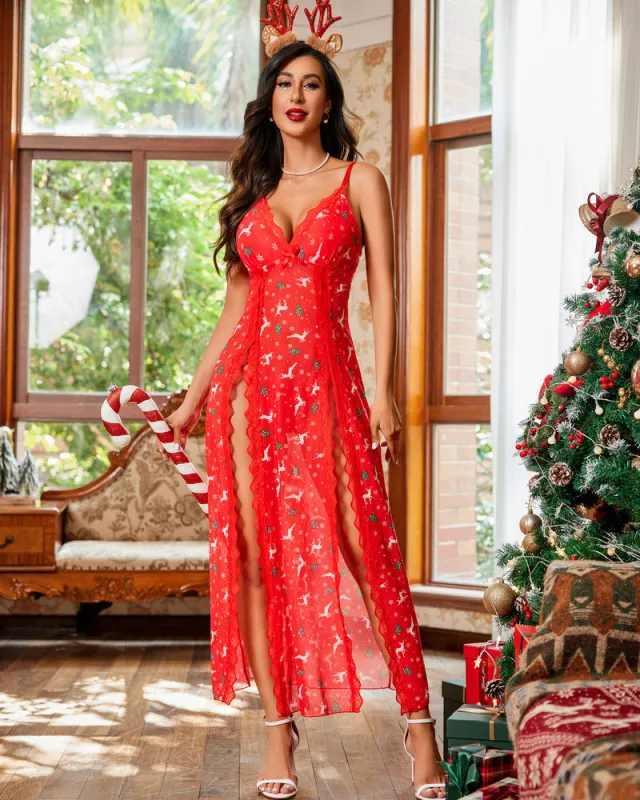 Christmas High Slit Mesh Nightdress sold by Avid Love