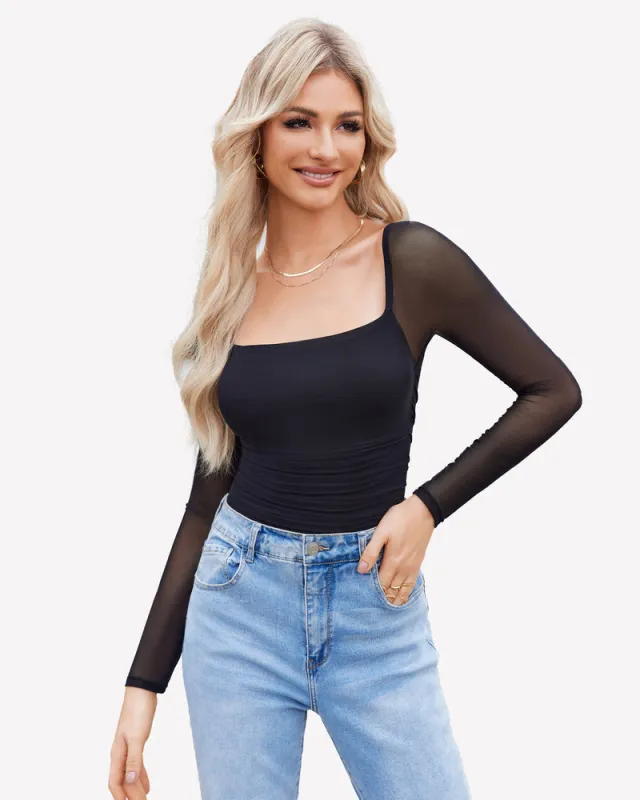 Square Neck Mesh Long Sleeve Bodysuit Shapewear sold by Avid Love